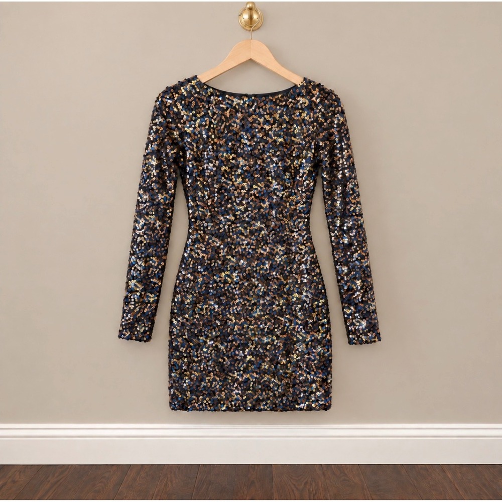 Eliza J Navy Gold Sequin Long Sleeve Mini Dress V-Back Cocktail Party Size 4